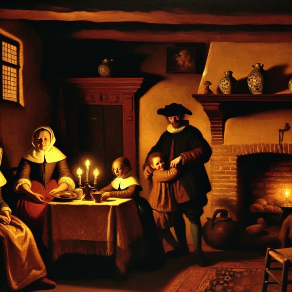 Gezellig Nederlands gezin van vier aan tafel in een 17e-eeuws huis met warme kaarsverlichting, symboliserend het concept huishouden