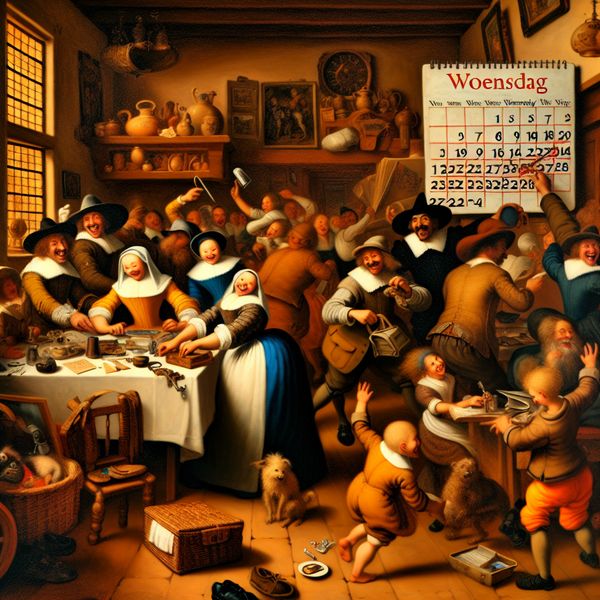 Nederlandse genretafereel: voorbereidingen voor afspraak op woensdag in Jan Steen-stijl 17e-eeuws Nederlands huishouden bereidt zich voor op een afspraak op woensdag, met een kalender waarop 'Woensdag' rood omcirkeld is