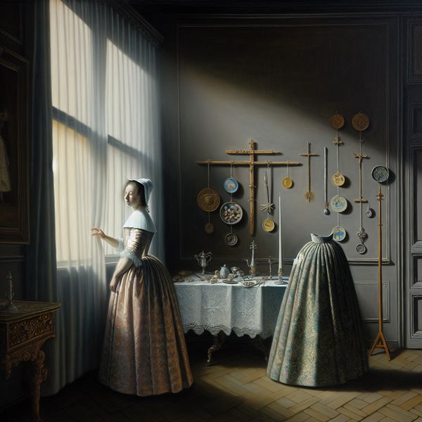 Een Nederlandse vrouw in een elegante kamer, nadenkend bij een tafel met religieuze symbolen.