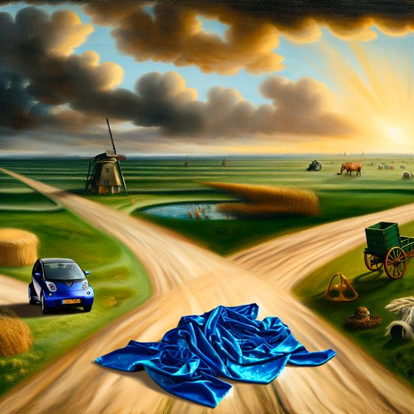 Symbolische keuzes in Nederlands landschap: opties en mogelijkheden voor taal en cultuur 17e-eeuws Nederlands landschap met kruispunt en symbolische keuzes zoals zuinig rijden, blauwe stof en een boerenkar, ter illustratie van opties