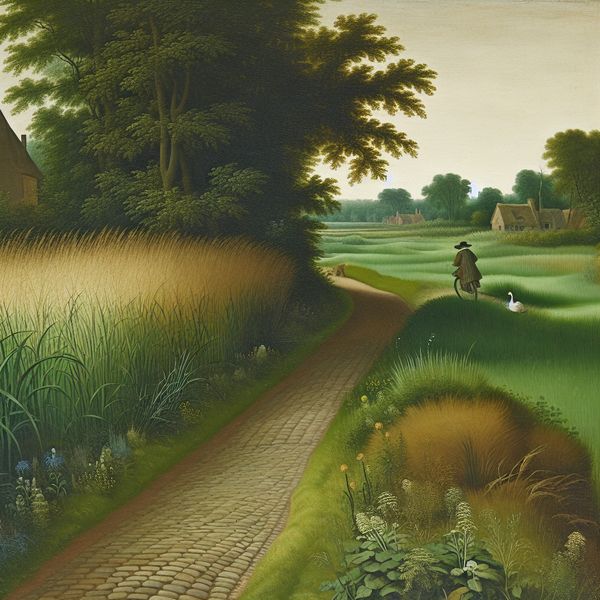Landelijk weggetje met een fietser in historische kleding, omringd door groene weilanden en wilde bloemen, leidend naar een traditioneel Nederlands boerderijtje met rieten dak
