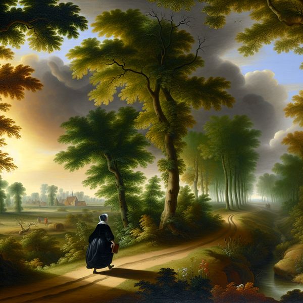 Jong persoon loopt met een boek onder de arm door een 17e-eeuws Nederlands landschap, symboliserend het meenemen van iets of iemand