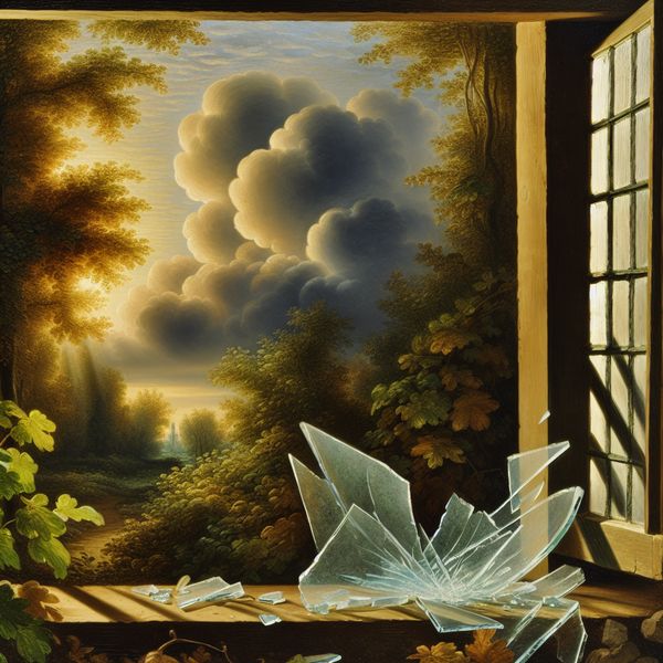 Aanwijzing in Nederlands landschapschilderij: gebroken raam als spoor van gebeurtenis 17e-eeuws Nederlands landschap met gebroken raam als aanwijzing, geschilderd in de stijl van Jacob van Ruisdael
