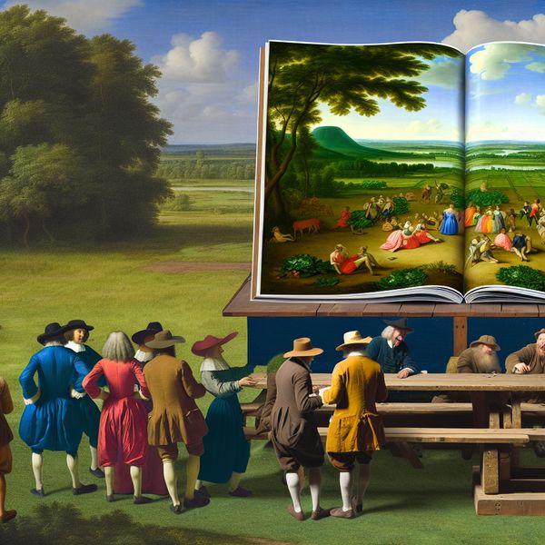 Vrolijke bijeenkomst rond magazine in het Nederlandse landschap Een levendig tafereel van een groep mensen die rondom een magazine in een schilderachtig Nederlands landschap zitten, met een blauwe lucht en groene heuvels op de achtergrond.