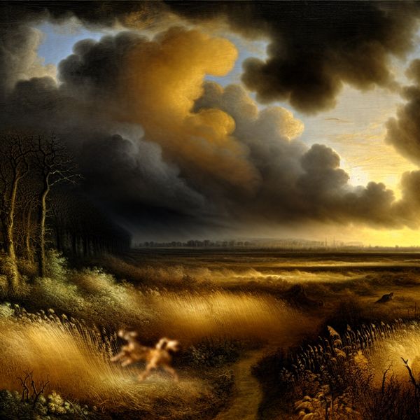 Dramatisch Nederlands landschap met symbolische verwijzing naar gelijkenis en transformatie 17e-eeuws Nederlands landschap met dramatische lucht en een mysterieuze gedaante die vaag van hond naar vos transformeert, symboliserend voor verwijzing en gelijkenis
