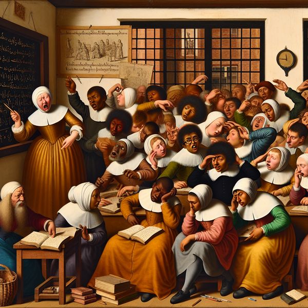 Nederlands leren: begrijpen van uitleg in de klas - chaotische schoolscène Levendige klaslokaalscène in de stijl van Jan Steen met een leraar die uitleg geeft en leerlingen die de uitleg al dan niet begrijpen
