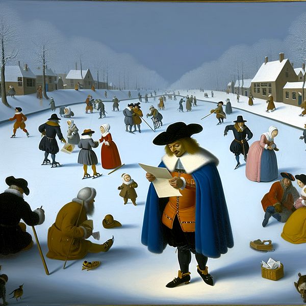 Nederlandse grammatica illustratie: nadruk op 'mezelf' met historische winterscène 17e-eeuwse wintertafereel met een persoon die een verzegelde brief vasthoudt, benadrukkend het concept 'mezelf' in de Nederlandse taal
