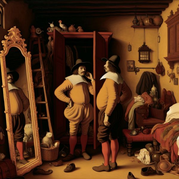 Gedetailleerde scène in de stijl van Jan Steen: persoon observeert zichzelf in een grote, sierlijke spiegel in een gezellige, rommelige kamer met warme kleuren en humoristische details