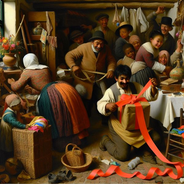 Nederlands lint om cadeau binden - traditionele decoratie en praktische toepassing Druk maar gezellig Nederlands huishouden met persoon die een rood lint om een cadeau bindt in de stijl van Jan Steen