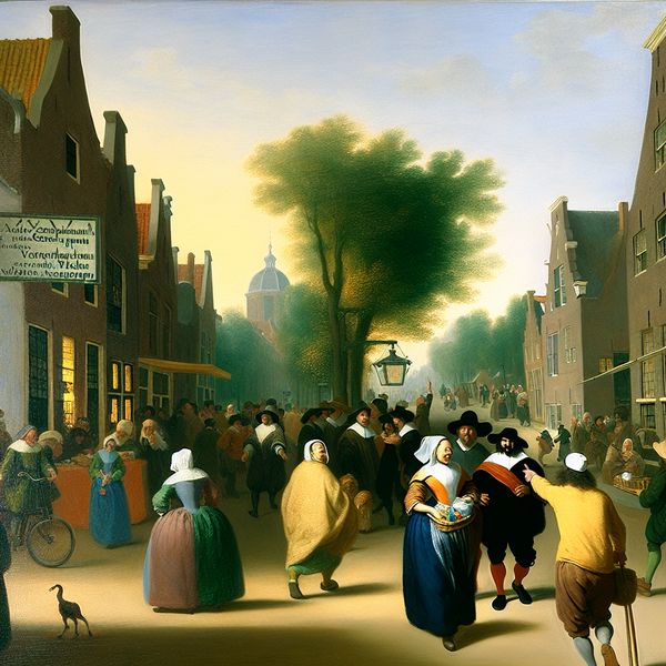 17e-eeuwse Nederlandse straatscène met persoon die naar een supermarkt verderop wijst, geschilderd in levendige penseelstreken van Frans Hals
