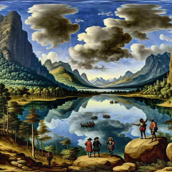 Nederlands landschap met meer: schilderij van Jacob van Ruisdael stijl voor taalonderwijs Schilderij van een majestueus meer in de stijl van Jacob van Ruisdael, met bergen, rustig water, wandelaars en boten in een serene natuurlijke omgeving