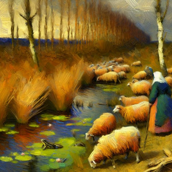 Nederlandse moeraslandschap met schapen en wilde dieren - taal leren Vrolijk wetlands tafereel met grazende schapen, riet en kikkers in de stijl van Frans Hals