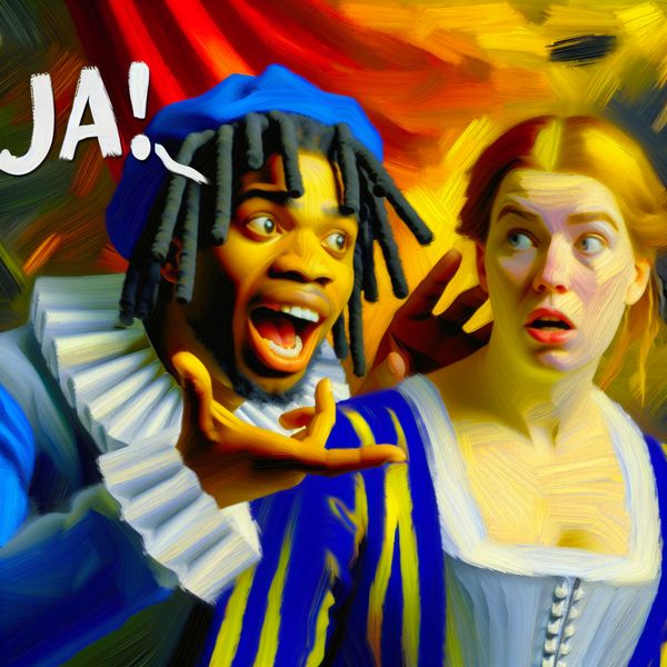 Schilderij in de stijl van Frans Hals met twee personen, waarbij één persoon met nadruk wijst en een expressief gezicht trekt om het woord 'ja' te benadrukken in een Nederlandse zin
