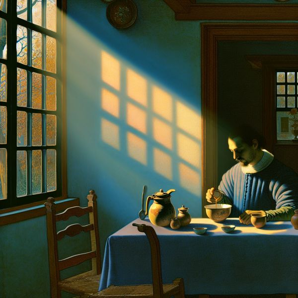 Ochtendritueel koffie inschenken - Nederlandse gewoonte in Vermeer-stijl Stille ochtendscène in Nederlandse stijl met persoon die koffie inschenkt bij zacht ochtendlicht