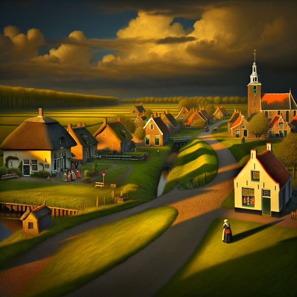 Schilderachtig Nederlands dorp op het platteland in Rembrandt-stijl met kerk, schooltje, supermarkt en dorpelingen in 17e-eeuwse kleding