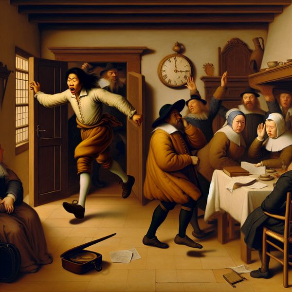 Illustratie spreekwoord iemand te laat - Nederlandse schilderkunst Jan Steen stijl Chaotisch Nederlands huishouden in de stijl van Jan Steen, waarin iemand gehaast en gefrustreerd binnenkomt terwijl anderen wantrouwend reageren, illustrerend het spreekwoord over onbetrouwbaarheid door te laat komen