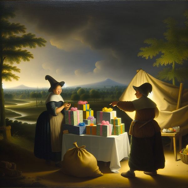 17e-eeuws schilderij met taaloefening: vragen naar het doel van objecten en cadeaus Twee personen in een 17e-eeuws Nederlands landschap wijzen naar cadeaus en een lege canvas tas, terwijl ze vragen voor welk object of persoon iets bedoeld is