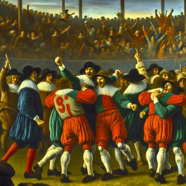 Voetbalteam viert historische overwinning op eigen terrein - schilderij in stijl van Frans Hals 17e-eeuws Nederlands voetbalteam viert 3-0 overwinning op eigen terrein in levendige schilderstijl van Frans Hals