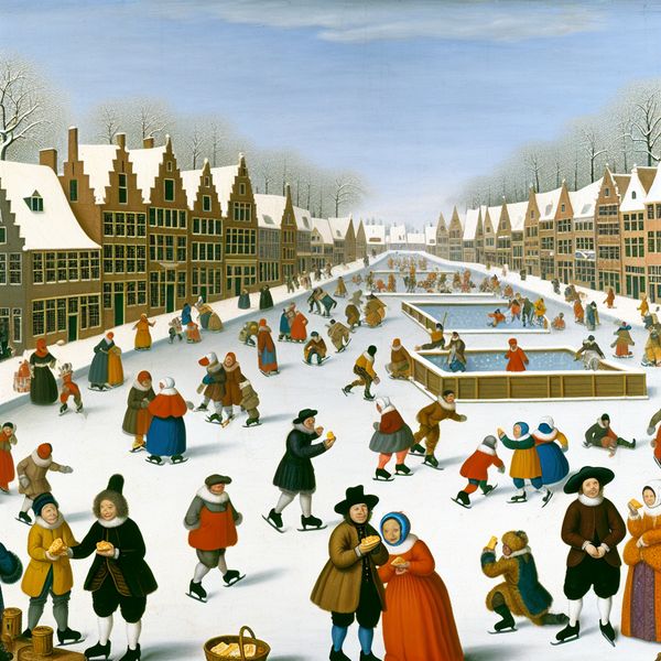 Schaatsen in Nederlands winterdorp: soms een broodje kaas eten Dutch winterdorp met schaatsers op bevroren gracht, persoon eet af en toe een broodje kaas