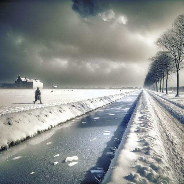 Een surrealistisch winterlandschap in Nederlandse stijl met een eenzame wandelaar langs een bevroren kanaal, besneeuwde bomen en een imposant gebouw op de achtergrond