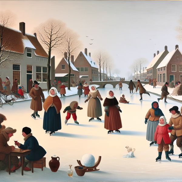 Rustig wintertafereel in een Nederlands dorp met schaatsers, spelende kinderen en een man die matig wijn inschenkt, symboliserend gematigdheid en gemiddelde inspanning