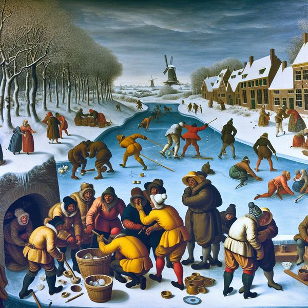 Wintertafereel vereist samenwerking en snelle oplossingen - Nederlandse ijscultuur Gedetailleerde wintertafereel in de stijl van Hendrick Avercamp met mensen die samenwerken om een ijsprobleem op een bevroren kanaal op te lossen, vereist dringende actie
