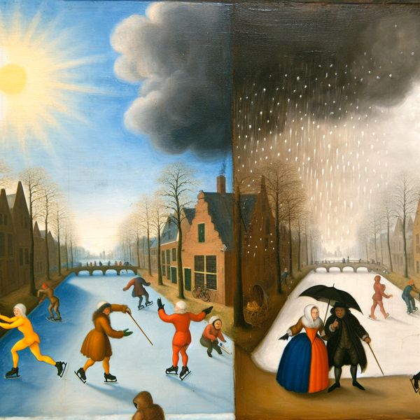 Dynamisch wintertafereel in Nederlandse stijl met wisselend weer: schaatsers bij zon, regen met paraplu's en sneeuwval in één landschap