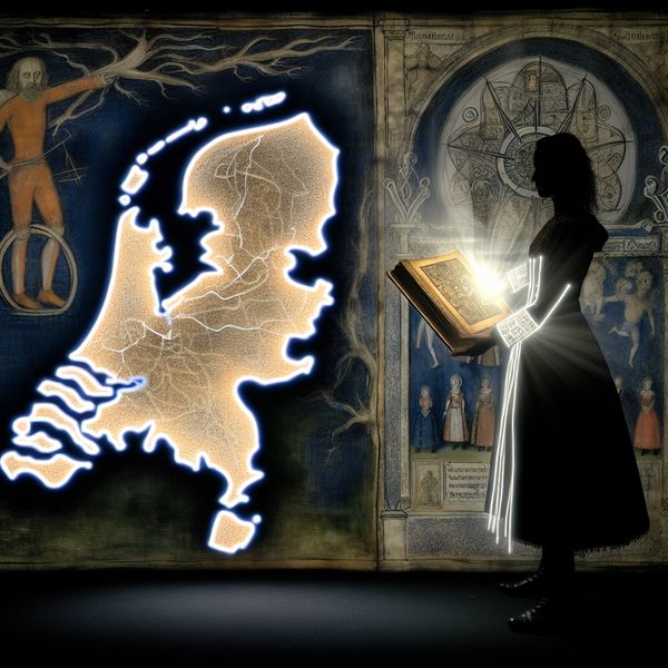 De Nederlandse afkomst en cultuur verbeeld in een mysterieus tafereel Een persoon gekleed in traditionele Nederlandse kledij staat voor een verlicht kaart van Nederland, met een gotisch familiewapen op de achtergrond.
