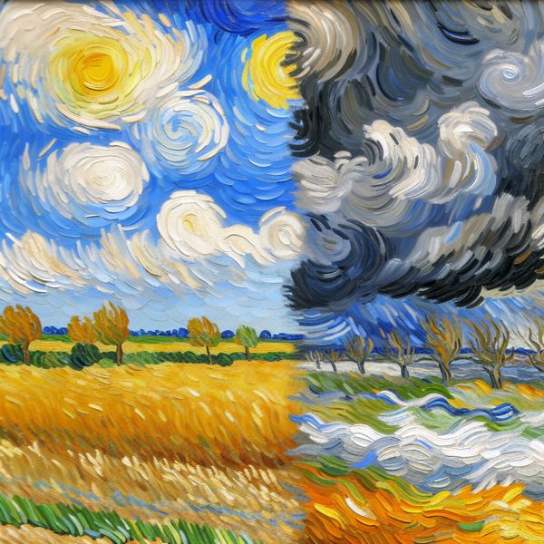 Dynamisch schilderij in Van Gogh-stijl van een Nederlands landschap met wisselend weer: zon, regen, storm en sneeuw in één scène