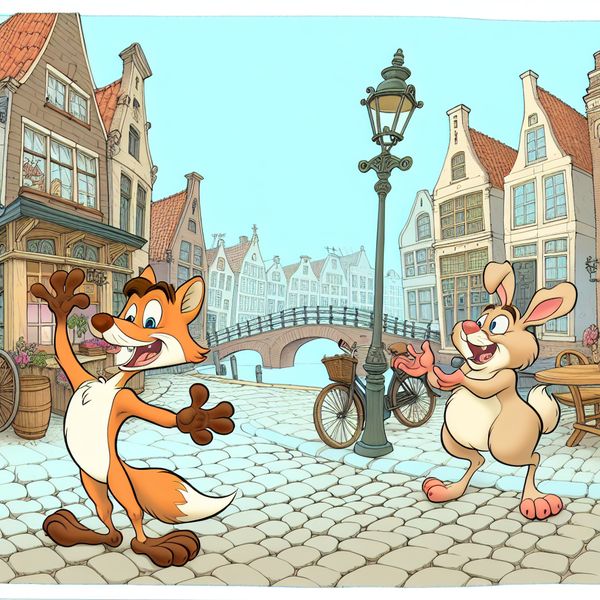 Vriendelijke cartoonvos begroet verraste konijn met 'Hé!' op een sfeervolle Nederlandse straat met kasseien, café en fietsen