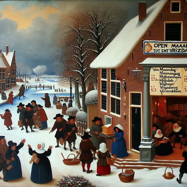 Nederlandse boekwinkel openingstijden tot en met vrijdag - historische taalles Gezellige 17e-eeuwse Nederlandse boekwinkel in de sneeuw met bord 'Open van maandag tot en met vrijdag', omringd door dorpsbewoners en schaatsers op bevroren gracht