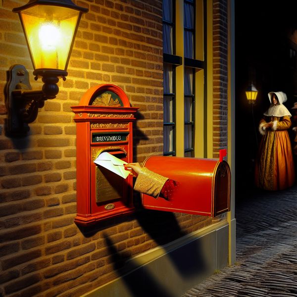 Nederlandse brievenbus bij avond: brief versturen in klassieke Rembrandt-stijl Traditionele Nederlandse oranje brievenbus bij avondlicht met een hand die een brief post, Rembrandt-stijl schilderij
