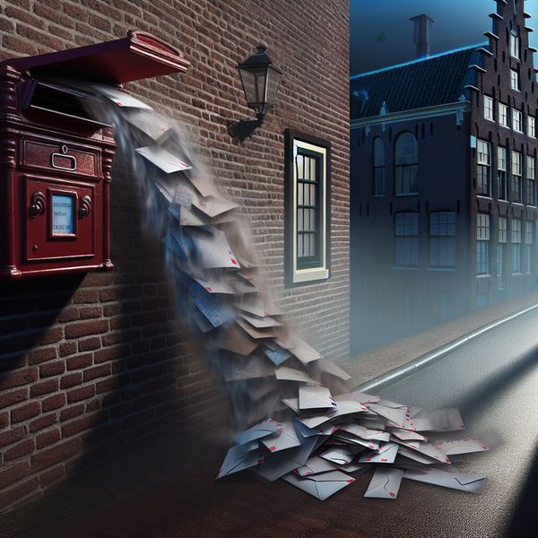 Hyperrealistische surrealistische scène van een Nederlandse brievenbus aan een bakstenen muur, waar post uitvalt in zacht ochtendlicht