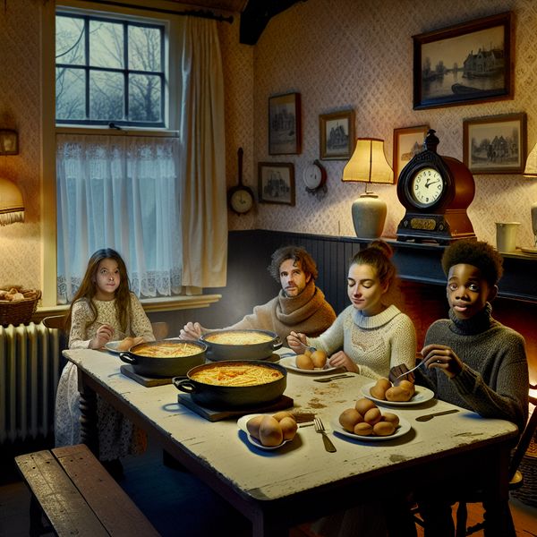 Gezellige Nederlandse familie aan tafel voor een warme avondmaaltijd met stamppot of erwtensoep in nostalgische Anton Pieck-stijl