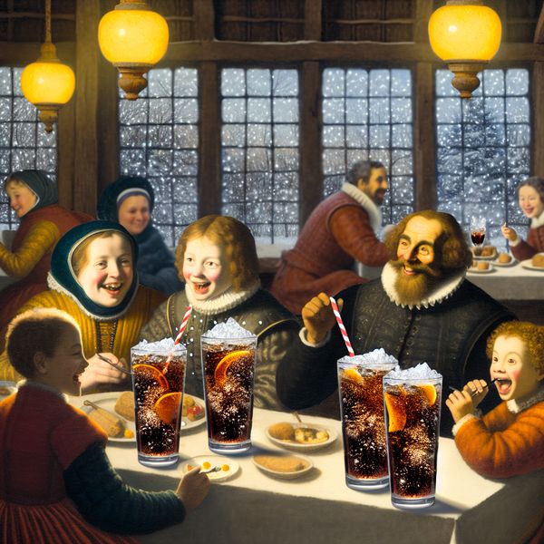 Gezellige Nederlandse familie in een winterse café-interieur, kinderen drinken bruine frisdrank met prik uit hoge glazen met rietjes en ijsblokjes tijdens het avondeten