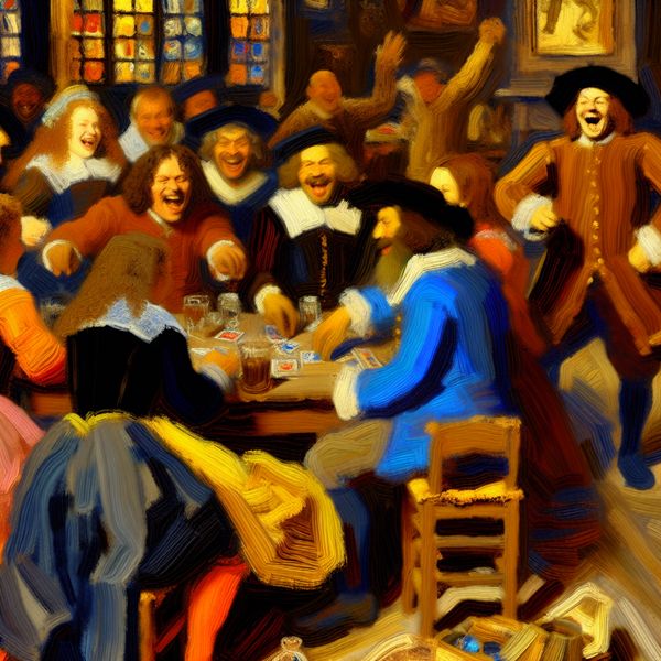 17e-eeuwse Nederlandse taverne met vrolijke kaartspelers en één boze persoon die het spel verstoort
