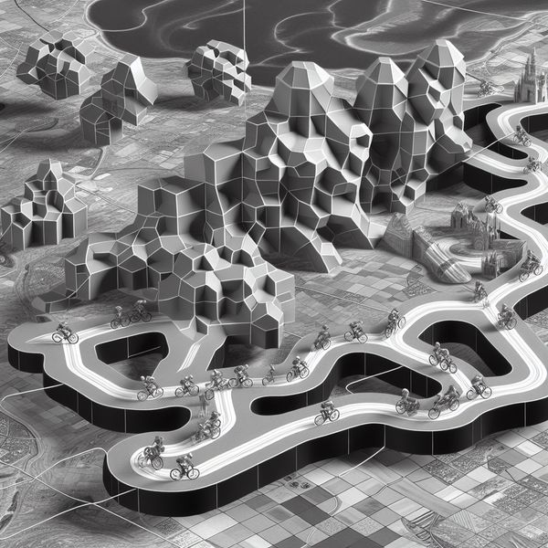 Surrealistische kaart van Nederland in Escher-stijl met een uitgestippelde fietsroute die transformeert in een 3D-landschap met fietsers en optische illusies