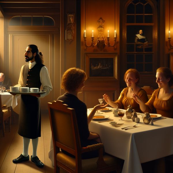 Klassiek Nederlands restaurantinterieur met ober die fooi ontvangt op zilveren schaaltje, warme sfeer en elegante details