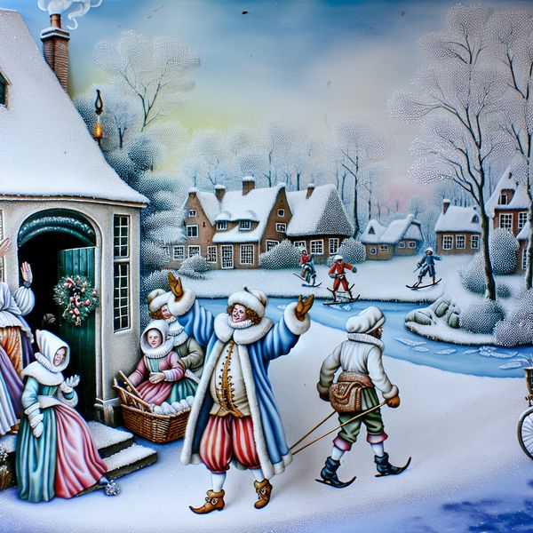Gastvrije Nederlandse wintertafereel uit de 17e eeuw waarbij een gastheer bezoek naar de deur begeleidt in een besneeuwd dorp