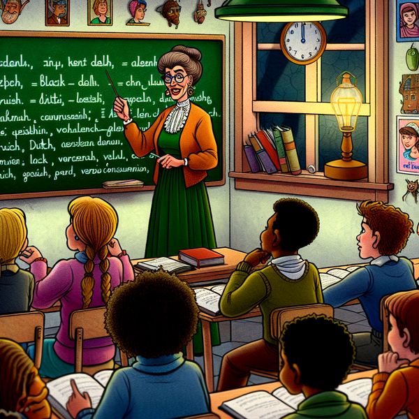 Nederlandse grammatica uitleg door enthousiaste lerares in basisschool of middelbare school Vrolijke cartoonlerares legt Nederlandse grammaticaregels uit aan aandachtige leerlingen in een klaslokaal