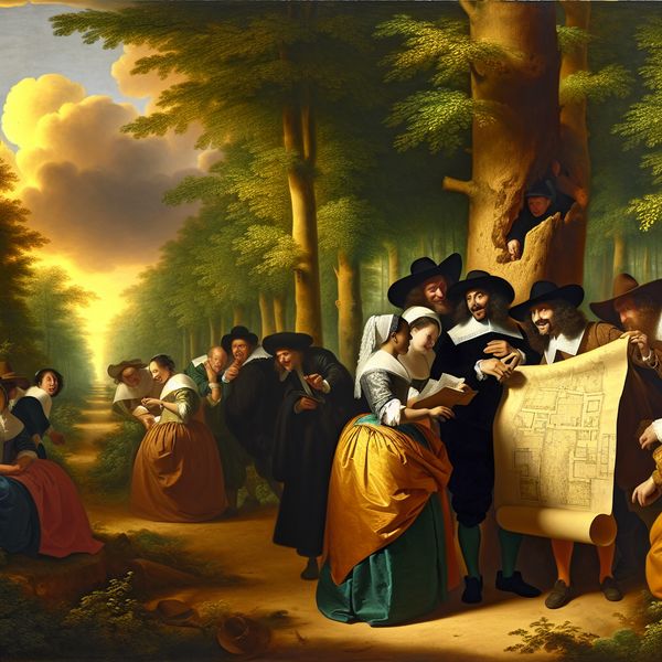 Verrassingsfeest plannen in historische Nederlandse bossetting - Taal en cultuur leren 17e-eeuwse Nederlandse landschapsschildering van een groep collega's die stiekem een verrassingsfeest plannen in een zonnig bos