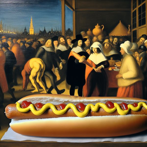 17e-eeuwse Nederlandse kermisstal met een warme, sappige hotdog in een zacht broodje, belegd met mosterd, ketchup en knapperige uitjes