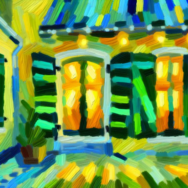Abstract schilderij van een oud Nederlands huis met groene houten blinden voor de ramen, licht van binnen zichtbaar