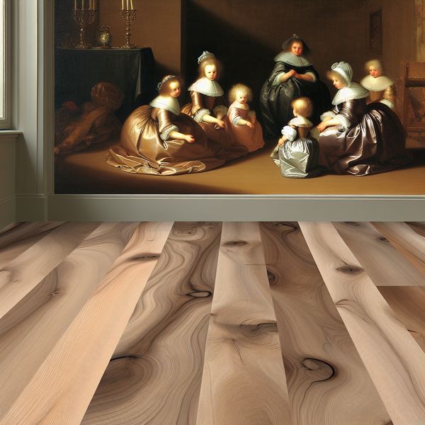 17e-eeuwse Nederlandse woonkamer met kinderen spelend op een gepolijste houten vloer, geschilderd in de stijl van Gerard ter Borch