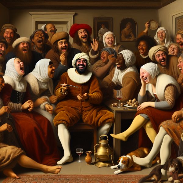 Gezellige Nederlandse groep vrienden die hartelijk lachen om een grappig verhaal in een warme, levendige huiskamer in de stijl van Jan Steen