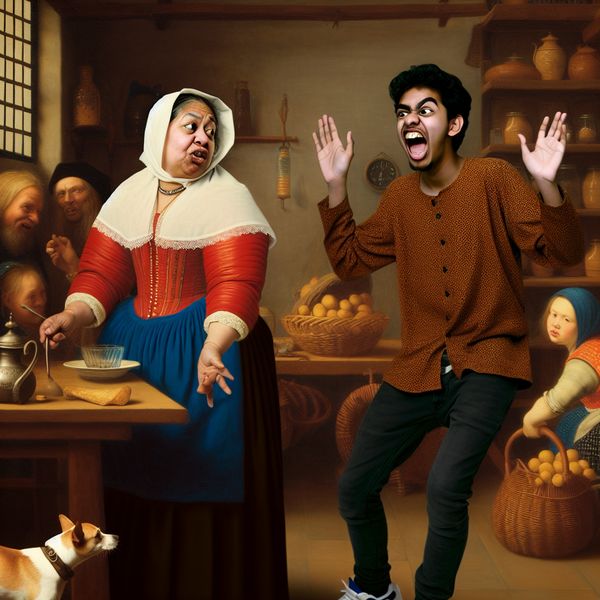Nederlands tafereel van instemming en eensgezindheid in Jan Steen-stijl Levendige Nederlandse huishoudenscène in de stijl van Jan Steen, waarin twee mensen hartelijk instemmen met gebaren en glimlachen, met warme kleuren en alledaagse details