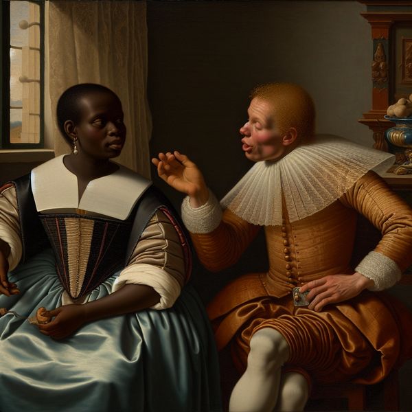 17e-eeuws Hollands interieur met twee personen, waarbij de een kalmerend een hand op de schouder van de ander legt die overdreven gebaart naar een klein krasje op een siervoorwerp