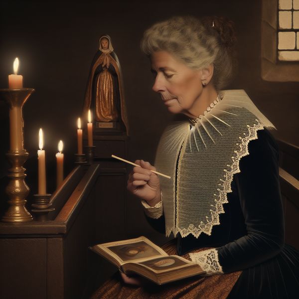 Oudere vrouw in traditionele Nederlandse kleding bidt in een rustige, kaarsverlichte katholieke kerk
