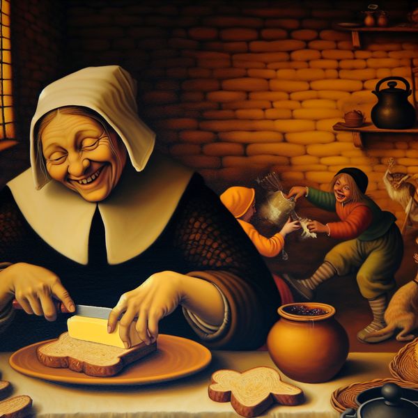 Smeren van boter op brood: traditionele Nederlandse keukenillustratie Vrolijke Nederlandse keukenscène in de stijl van Jan Steen, waar een vrouw boter smeert op versgebakken brood