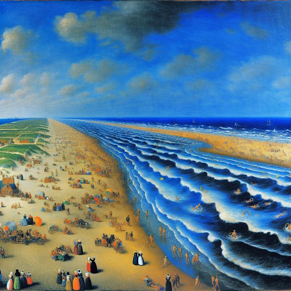 Nederlandse kust met oceaan en zomerstrand in levendige schilderstijl Levendige zomerse strandtafereel aan de Nederlandse kust met golvende oceaan, gezinnen en levendige details in de stijl van Frans Hals